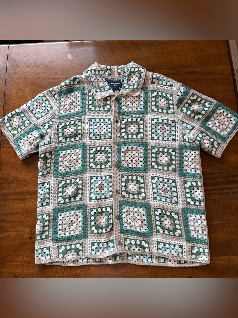 Abercrombie & Fitch Green and Cream Crochet Button-Front Shirt